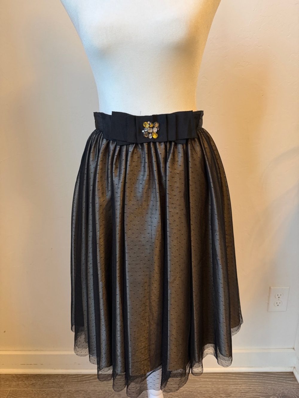 Elegant Black Dot-Overlay Circle Skirt with Jeweled Waist Accent